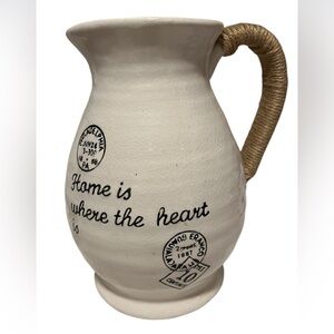 CERAMIC JUG With Hemp Rope Handle & Graphic “ Home Is Where The Heart Is” Print